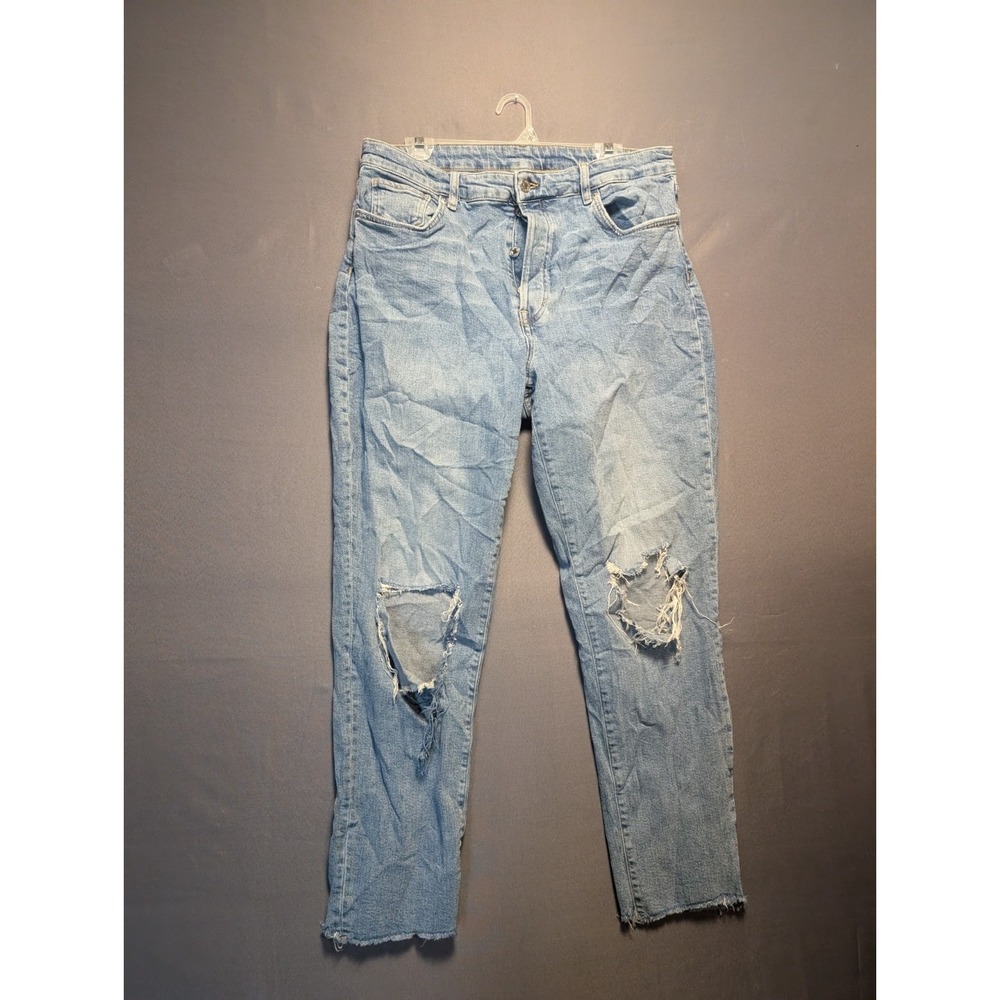 Denim & Denim Mom Jeans Womens 14 Blue High Waist Distressed Knee Rips Raw Hem